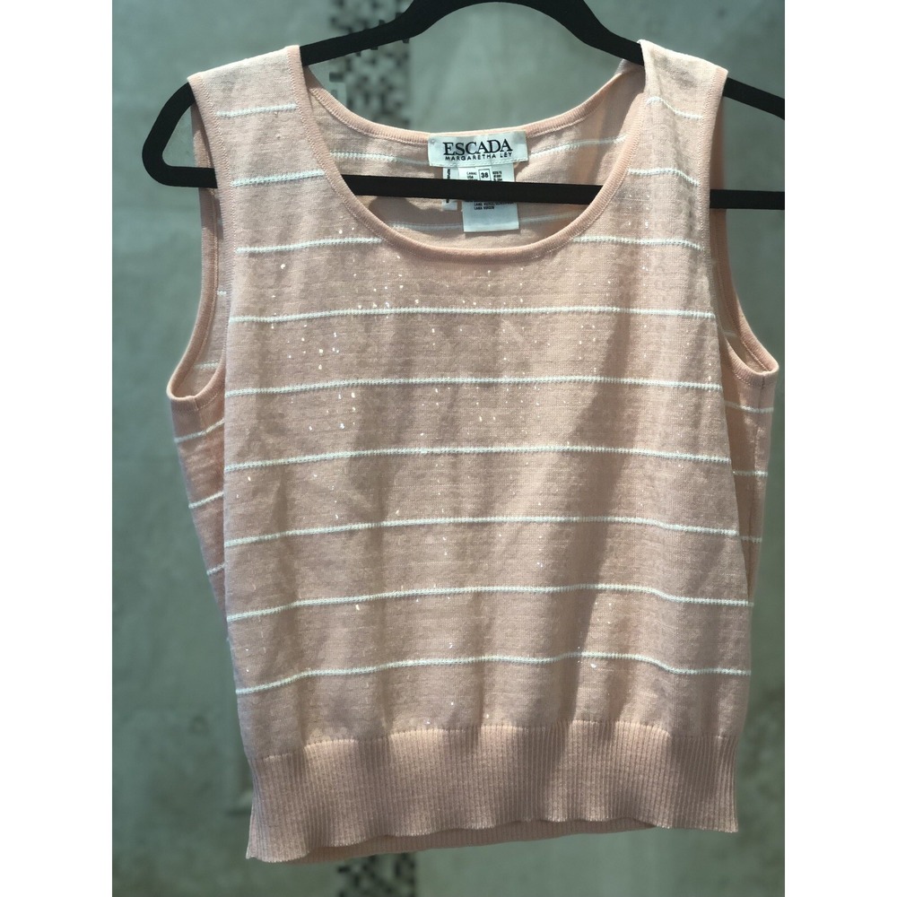 Escada Margaretha Ley Peach Wool Sleeveless Sequin Stripe Blouse Top 38 DE 8 US
